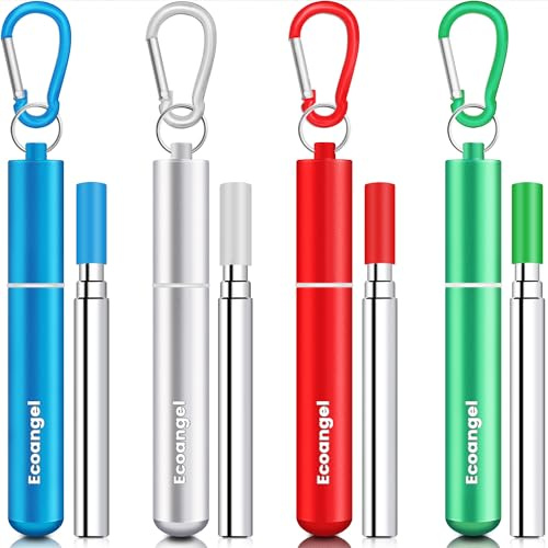 Ecoangel Cruise Ship Essentials,4-Pack reusable Collapsible Stainless Steel Drinking Straws with Aluminum Case,Cleaning Brush,and Keychains-Silver,Blue,Red,Green