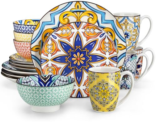 vancasso Jasmin Servizi di Piatti, Set Piatti e Ciotole Dipinto a mano da 16 Pezzi per 4, con 4 Piatti Piani, 4 Piatti Dessert, 4 Ciotole Cereali e 4 Tazza, Servizi Combinati Piatti Stile Bohémien