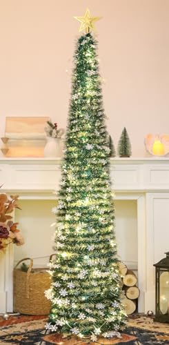 HMASYO Albero di Natale pop-up da 150 cm, con luci, pieghevole, con paillettes colorate, decorazioni per casa, appartamento, feste, interni ed esterni
