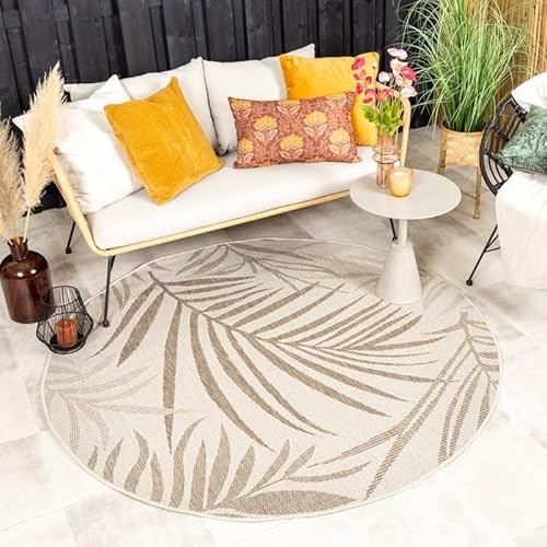 FRAAI | Home & Living In- & Outdoor Jute Teppich Rund - Nomad Leaves Creme - Wetterfest - Polypropylen - Flachgewebe - Wohnzimmer, Esszimmer, Balkon, Garten/Terrasse - Terrasse - Rug