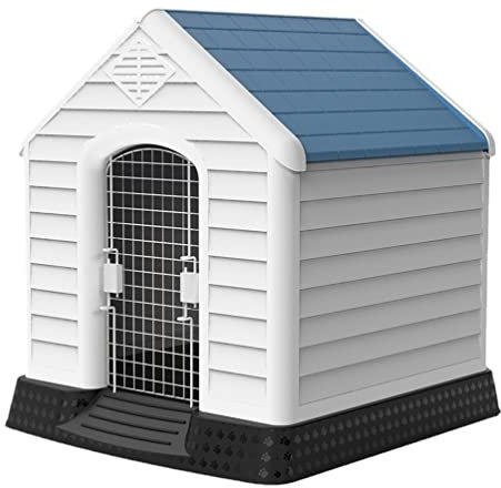 Hundehütte Großes Dog House Im Freien Mit Tor, Installieren Sie Einen Einfachen Wasserdichten Kunststoffdichten Katzen- Und Hundeschutz, Lüftungslöcher/Erhöhte Basis