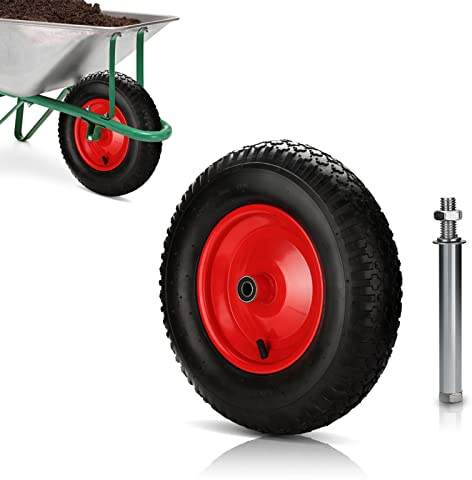 Tubiaz Roue de brouette, Roue de Rechange Gonflable 4.80/4.00-8 - Ø 390 mm avec essieu,Charge maximale 200 kg, caoutchouc pneu gonflable Idéal pour diable, chariot, Noir/Rouge