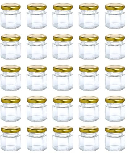 30Pcs 45ML Hexagonal Small Glass Jars, Small Jar for Storage Mason Jars with Airtight Metal Lid Gold Kitchen Storage Jars for Preservatives, Pickle, Jam Crafts, Honey Spices small jam jars with lids