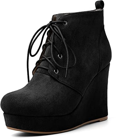 AUMOTED Black Wedge Ankle Boots for Women High Heel Round Toe Lace up Dress Shoes for Wedding Bridal Event Evening Suede US Size 12
