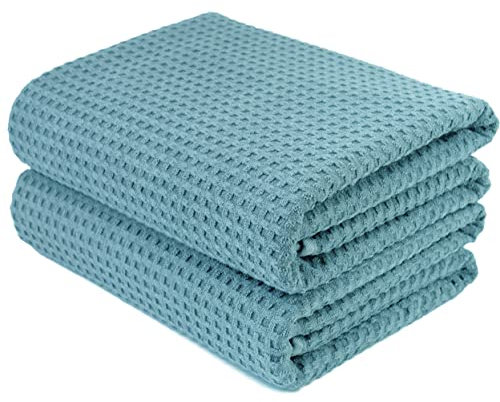 Polyte - Toalla de baño de Microfibra antipelusa - Secado rápido - Punto gofrado - Verde - Grande: 152,4 x 76,2 cm - Pack de 2