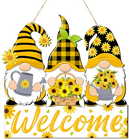 Panelee Sunflower Welcome Door Sign Wood Gnome Hanger Sunflower Wreath for Front Door Summer Welcome Hanging Sign with Ropes for Porch Wall Home Garden Kitchen Decor