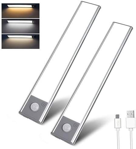 EXTRASTAR 2 Stück Unterbauleuchte mit Bewegungsmelder für Küchenschrank, Treppe, Kleiderschrank – 3 Farben (3000K/4000K/6500K), Magnet & Klebepad, USB-Aufladbar, 40x227mm