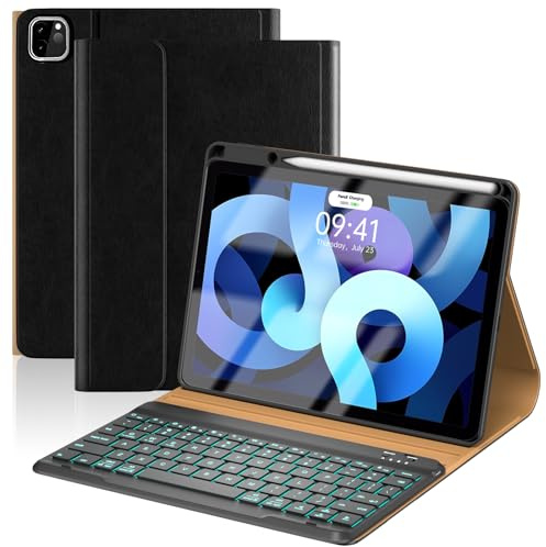 Funda de piel para iPad Air de 5ª 4ª generación con teclado de 10.9 pulgadas, Pro 11 4ª/3ª/2ª/1ª funda para teclado con soporte para lápices 2022/2021/2020/2018, teclado inalámbrico retroiluminado de
