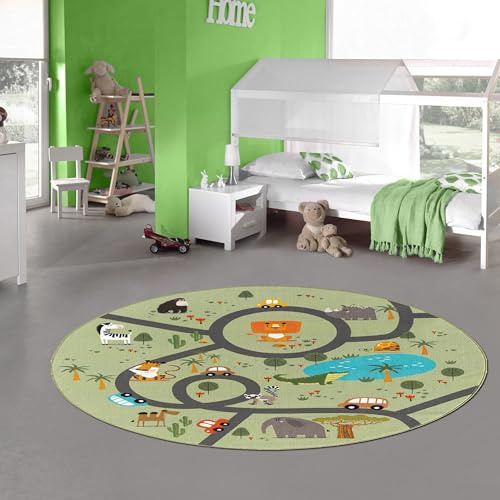 Teppich-Traum Kinderteppich Safari Tiere Straßen Grün Ø 200 cm | Pflegeleicht, rutschfest, strapazierfähig und allergikergeeignet, mit Löwen, Elefanten, Zebras, Krokodilen und Straßen