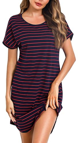 Litherday Nattlinne dam kort nattkläder ränder nattlinne av 95% bomull loungewear negligé korta ärmar sovskjorta med 2 fickor, Mörkblå + röd, XL