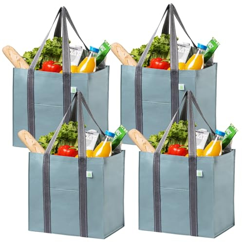 VENO 4 st återanvändbara shoppingväskor med framficka, förstärkt bas, hopfällbar väska, mångsidig toteväska, strandväska för shopping, picknick, resor (ljusblå, set med 4)