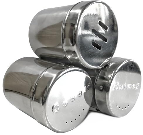 Chef-Hub Set of 3 Small Coco, Nutmeg & 3 Slot Powder and Chocolate Shaker, Stainless Steel Shakers, for Coffee and Hot Chocolate, Sprinkler, Ingredient Dredger
