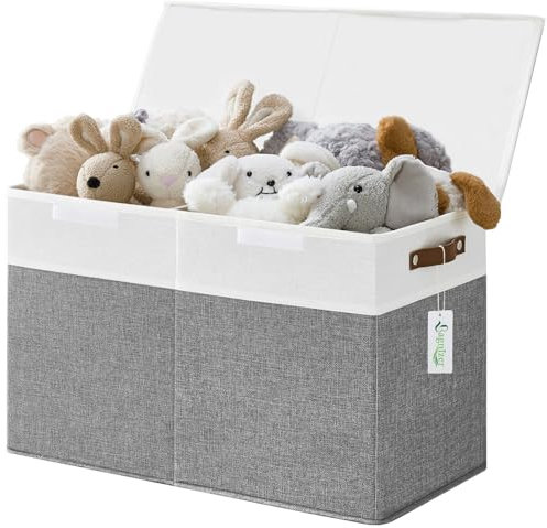 Bagnizer Large Toy Storage Box with Lids, Collapsible Sturdy Baby Storage Organizer Chest Bin Basket for Kids, Boys, Girls, Playroom, Nursery, Bedroom, Closet 25x13x16 (Gray and White)