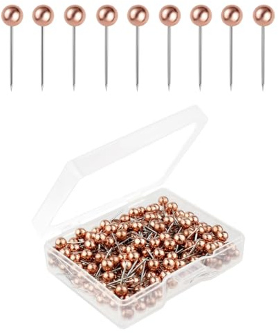 200 Pack Push Pins Map Tacks Small Round Head Push Pins Stainless Steel Map Pins with Point Retro Metallic Color Beads Head Marking Pins for Cork Board Bulletin Craft DIY Office Home (Rose Gold)