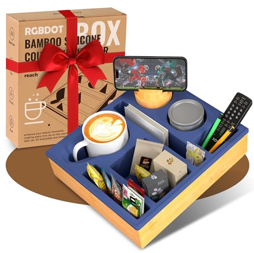 Couch bar Snack box Silikon sofatablett mit 360 Grad Drehbar Handyhalter beistelltisch mit Holz Sofatablett für Sofa, kino Deko, Couch organizer Bar mit Getränkehalter - Snackbox mit Fächern(blau)