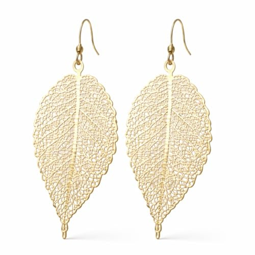 Blatt Ohrringe, Gold Farbe, filigrane Blatt Ohrhänger, lange Boho hängende Ohrringe, große Statement Hängeohrringe, Unikat Schmuck Weihnachts Geschenk