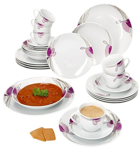 MamboCat Viola, servizio combinato da 30 pezzi, in porcellana con decorazione floreale, per 6 persone, 6 tazze da 170 ml, piattini, piatti da torta, piatti fondi e piatti piani