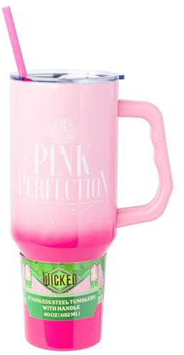 Silver Buffalo Wicked Glinda Pink Perfection Ombre Stainless Steel Tumbler with Handle and Straw, Fits in Standard Cup Holder, 40 Ounces