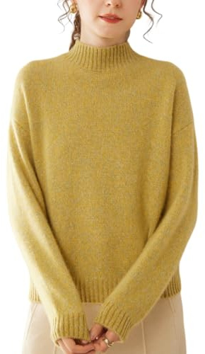 DISSA Damen Kaschmir Stehkragen Melange-Strick Pullover,Gelb,38