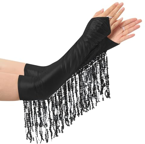 renvena Damen Glänzend Ärmelstuplen Fingerlose Handschuhe Lang mit Glitzern Fransen Flapper Kostüm Vintage Disco Hippe Kostüm Zubehör Schwarz Einheitsgröße