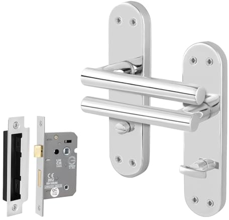 EAI Chrome Bathroom Door Handle Set | 1 Pair of Polished Chrome Internal T-Bar Handles on Backplate with Lock (64mm) | Oliena Range