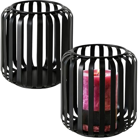 Metall Gitter Windlicht schwarz 12 x 10 cm - 2er Set - Eleganter Kerzenhalter rund - Tisch Deko Laterne Kerzenständer Zimmerlaterne Kerzenleuchter Halter für Stumpenkerze Teelicht