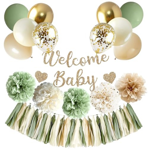 Sage Green Baby Shower Decorations, Gender Neutral Baby Shower Decorations with Welcome Baby Banner Balloons Pom Poms Tassel Garland Neutral Gender Reveal Birthday Party Supplies