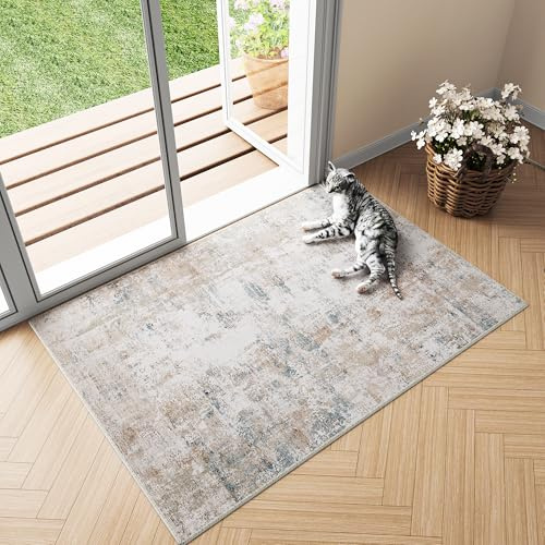 HUGEAR Beige Blau Fußmatte Teppich 60x90cm Kleiner Waschbarer | Waschbarer Modern Abstrakter Teppich, Rutschfest, Kurzflorig, Weich, für Eingangsbereich, Küche, Bettvorleger