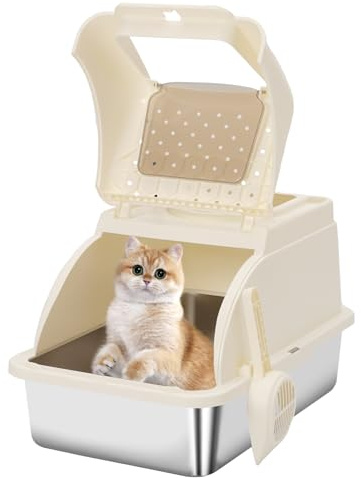 Stainless Steel Cat Litter Box with Lid, XXL Large Enclosed High Sided Litter Box with Removable Lid, Easy Cleaning, Anti-Urine Leakage for Big Cats (White) (White)