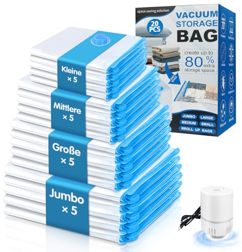 NATNAV 20 Pezzi Sacchetti Sottovuoto Vestiti Buste Sottovuoto Vestiti Piumoni 5 Misure con Pompa Elettrica Sacchi Sottovuoto Piumoni Risparmio 80% Spazio Riutilizzabili per Casa Viaggio