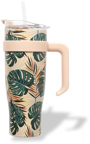 PRO DISTRI Gourde Isotherme XXL Monstera en Inox - Paille et Poignée | En Inox pour Conserver vos Boissons au Chaud ou au Frais - Idéal pour le Bureau ou le Sport