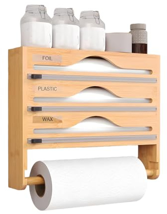 Organisateur de film avec découpeur – Distributeur avec coupe-papier et étiquettes pour cuisine | Organisateur réutilisable économiseur d'espace pour maison, cuisine, appartement, montage mural