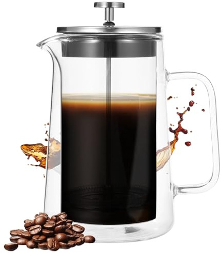 Cafetière à piston isotherme à double paroi en verre borosilicate avec filtre à mailles fines et poignée ergonomique, excellente pour les boissons chaudes et froides 1000 ml
