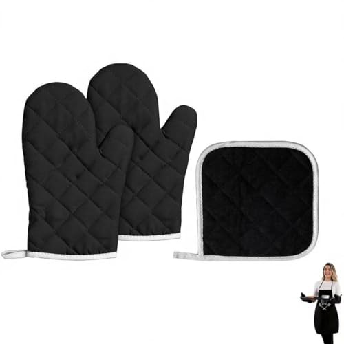 ZWWOGE Guanti da Forno e Presine da Cucina Nero a Quadri Set, Accessori in Cotone Resistenti al Calore Antiscottatura, Set Pratico per Cottura Griglia Barbecue Festa Estiva