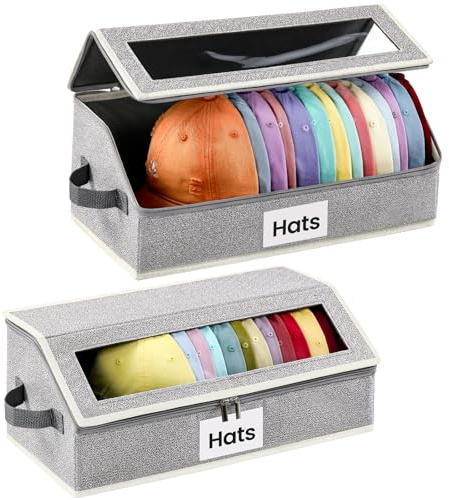 Snuvid Hat Organizer for Baseball Caps, 2-Pack Stackable Hat Storage Box Holds 30 Caps, Foldable Cardboard Holder with Clear Dust-Proof Window for Closet, Grey