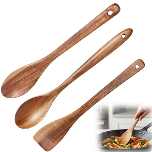 3 Stück Holzkochlöffel Set Kochlöffel Aus Holz Ideal Für Die Moderne Küche Robust Und Langlebig Größe 25.4 * 4.5 cm, Holzspachtel Kochen Antihaft für Kochen, Servieren, Mischen Müslilöffel