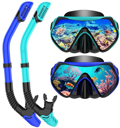 Schnorchelset Erwachsene, Schnorcheln Set mit Anti-Fog Taucherbrille und Dry Schnorchel, Professionelle Schnorchelmaske Tauchmaske aus Gehärtetem Glas für Schnorcheln (Blue+Green)