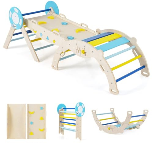 HOMASIS 7 in 1 Kletterdreieck mit Rutsche, Kletterbogen, Wippe & Kletterfelsen, Klettergerüst mit doppelseitige Rampe & Baustein Set, Holz Sprossendreieck für Kinder ab 1 Jahr (Blau, Seefahrt)