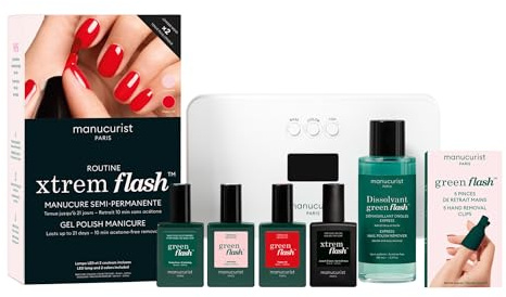Manucurist Green Flash Xtrem Flash Gel Nail Kit Nail Lamp Poppy Red | 24W LED gel nail polish set with base & top coat, remover & clips for at-home long wear manicure up to 21 days.