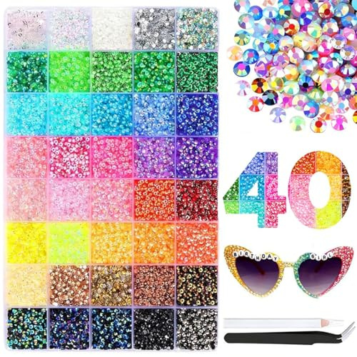 32000 st strass för prydnadssats, 40 färger, strass med pincett och penna | kit för nagelkonst och bedazzling för textilier, hantverk, naglar, diamantmålning