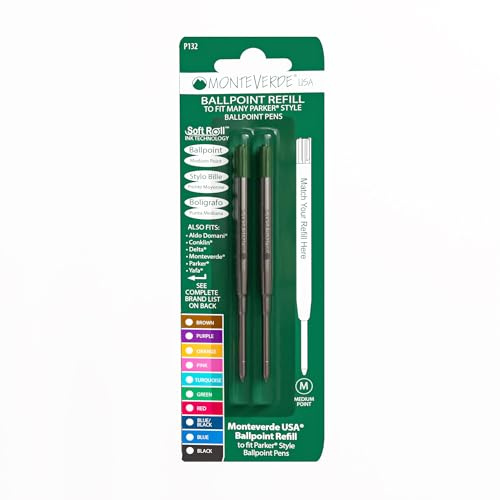 Monteverde Ballpoint Refill to Fit Parker Ballpoint Pens, Medium Point, Soft Roll, Green, 2 per Pack (P132GN)