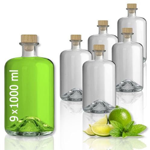 Geniess-Bar! 9 Glasflaschen 1000 ml leer zum selbst Befüllen mit Korken Apothekerflasche Essig Öl Flasche