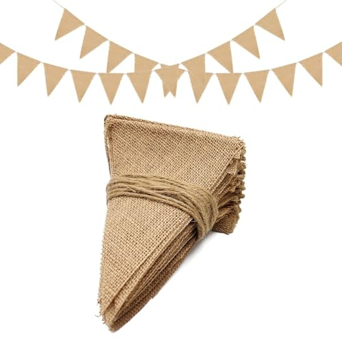 jijAcraft Jute Wimpelkette Outdoor Wetterfest, Wimpelkette Vintage, 2.8M Sackleinen Wimpelgirlande mit 13 Stück Wimpel, 1 Stück Girlande Rustikal für Geburtstag, Babytaufe, Gartenparty, Hochzeiten