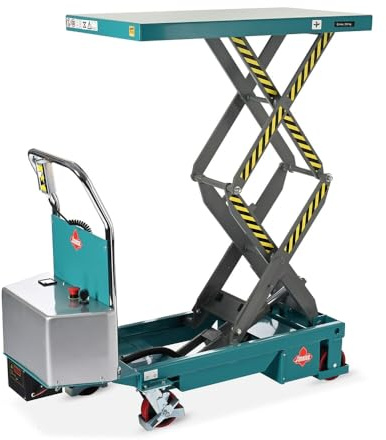 Ameise Elektro-Scheren-Hubtischwagen | 350 kg Tragkraft | 1.300 mm Hubhöhe | 910x500 mm Plattform | Fahrbarer Hubtisch mit festem Bügel und Bremse | Batterieantrieb| Stahl | Türkisblau