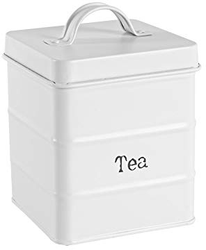 Harbour Housewares Metal Tea Storage Canister - White - 1x Vintage Retro Food Storage Canister Tea Caddy Food Preservation Container Tin with Airtight Fit Lid for Kitchen Organisation & Home Décor