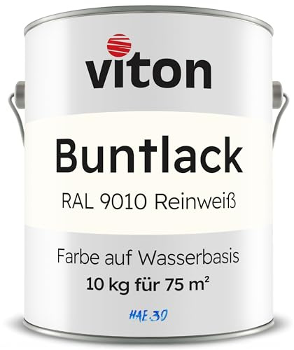 Viton Buntlack 10 Kg Weiss - Seidenmatt - Wetterfest für Außen und Innen - 3in1 Grundierung & Lack - HAE 30 - Nachhaltige Farbe auf Wasserbasis für Holz, Metall & Stein - RAL 9010 Reinweiss