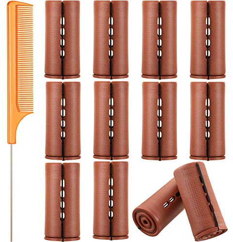 12 Pieces Large Hair Perm Rods Set Cold Wave Rods Plastic Hair Curling Rollers with Stainless Steel Rat Tail Comb Pintail Comb for Hairdressing Styling Tools(1.57 Inch,Brown)