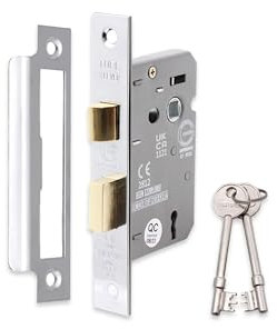 3 Lever Polished Chrome Mortice Sashlock 65mm, Door Lock with Key for Internal and External Doors, Reversible Catch, CE Approved and Fire Rated Protection - Infinity Decor®