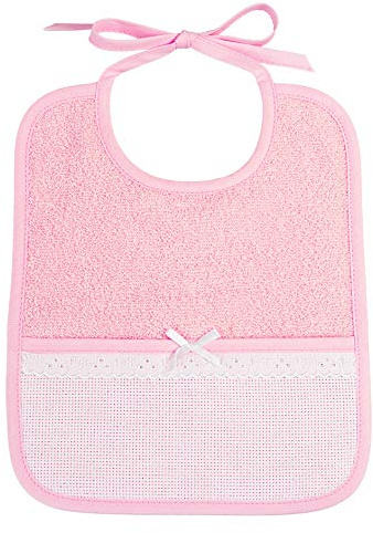 Filet - Rechteckiges Lätzchen aus weichem Baumwoll-Frottee, mit Tasche aus Aida-Stoff zum Sticken und Details aus Spitze, Farbe Rosa