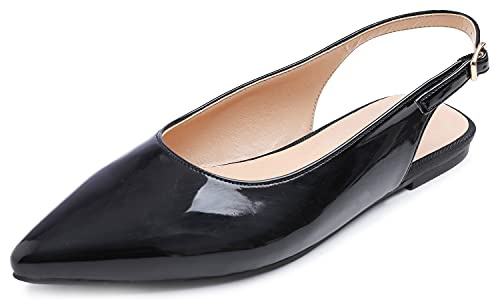 Feversole Womens Flat Pointed Toe Slingback Shoes，Femmes Sandales Plates Boucle Slingback en Cuir Verni À Bout Pointu Doux Confortable Occasionnel Robe Chaussures D'été